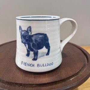 Molly Hatch Anthropologie French Bulldog Coffee Mug Blue‎ White Ribbed Ceramic